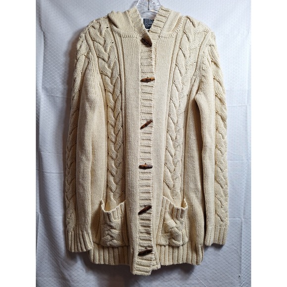 NINA LEONARD Heavyweight Hooded Toggle Button Cable Knit Cardigan Sz S Beige EUC - Picture 1 of 5
